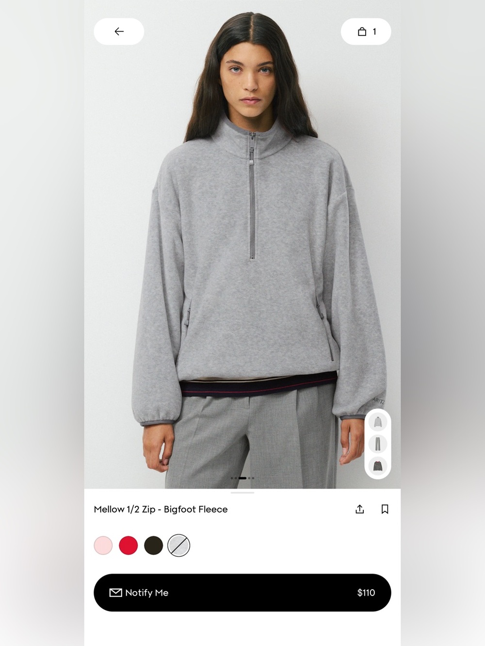 Aritzia Heather Dover Gray Mellow 1/2 Zip Bigfoot Fleece in size XXS NWT